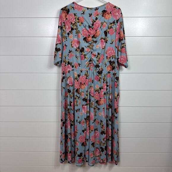 Torrid Floral Print Midi Studio Knit Ruched Dress Blue sz 3 - Picture 6 of 7